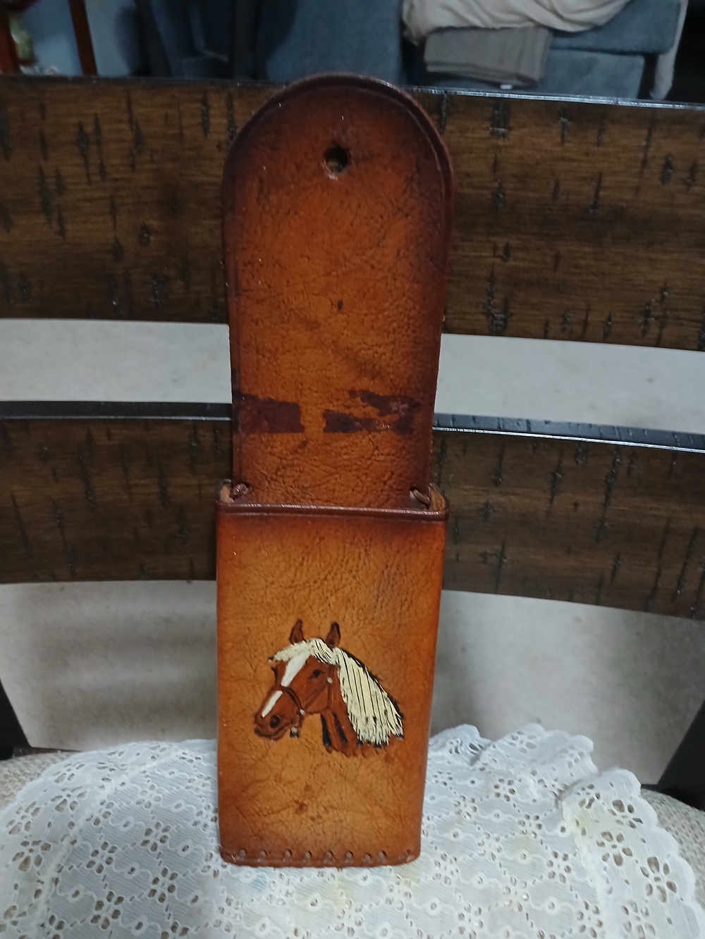 Brown Leather Wall Pocket with Painted Horse Accent